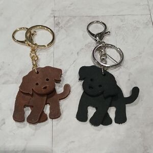 Cute Genuine Leather Dog Bag Charm Keychain - Brown